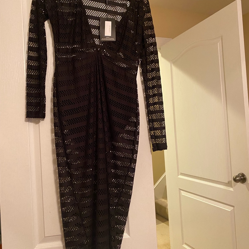 Black Sheer Plunge MIDI Dress